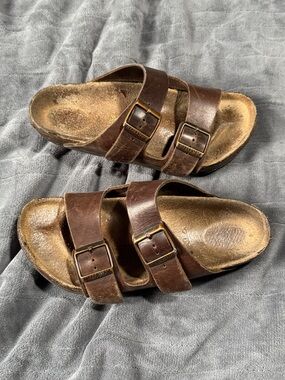 Birkenstock-Style Brown/gold Double Strap Leather Sandals size 39